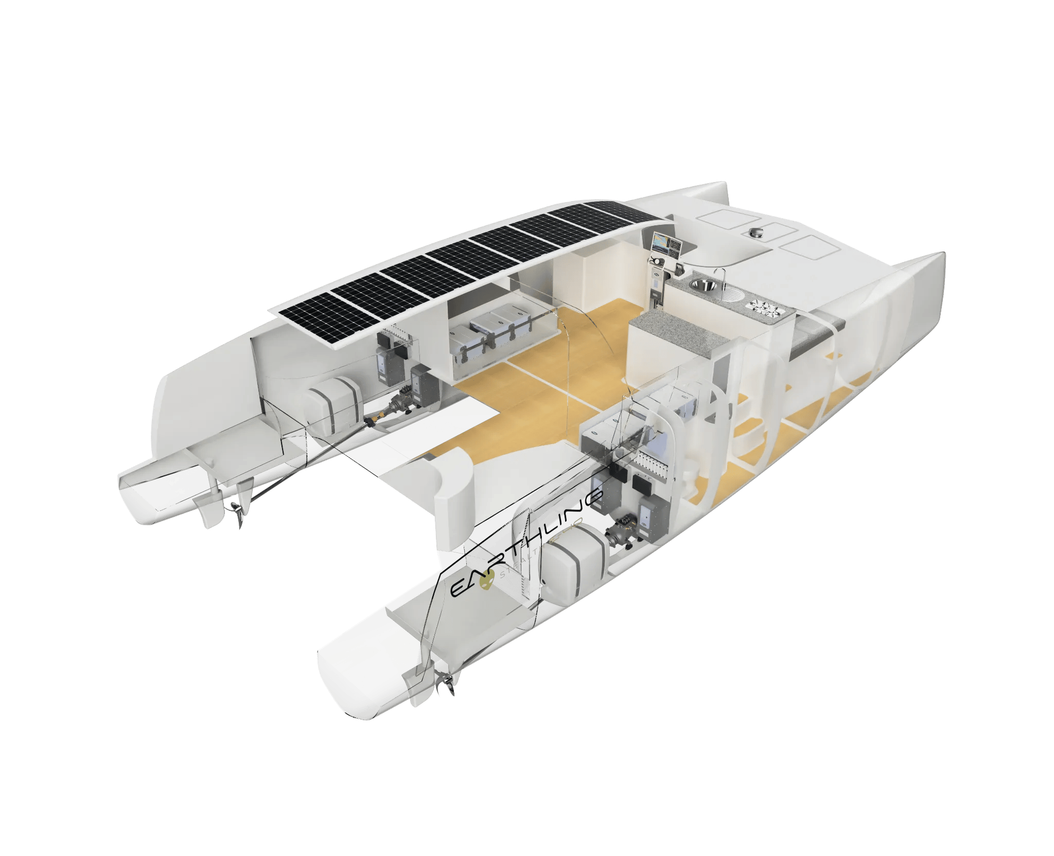 Cutaway rendering of the Earthling E40 electric power catamaran showing the solar roof, twin hulls and onboard systems.