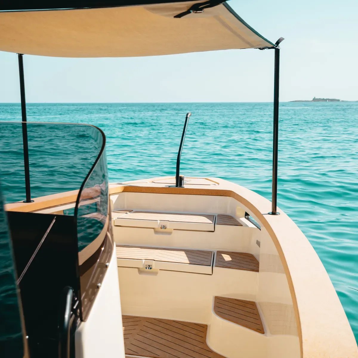 Forward deck and sun awning aboard the X Shore Eelex 8000