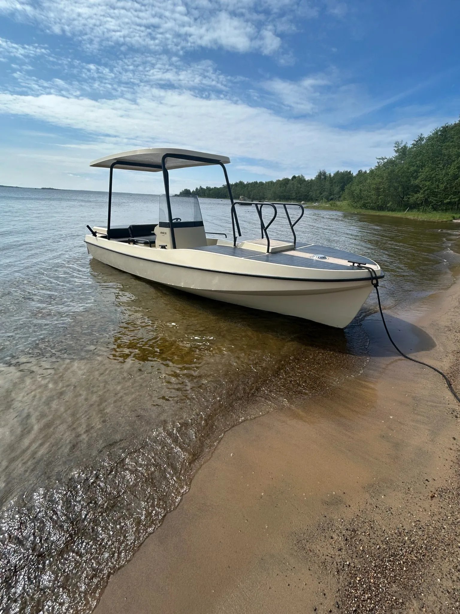 Front-side view of the Elvene Amber solar-electric boat resting in shallow water by the shore.
