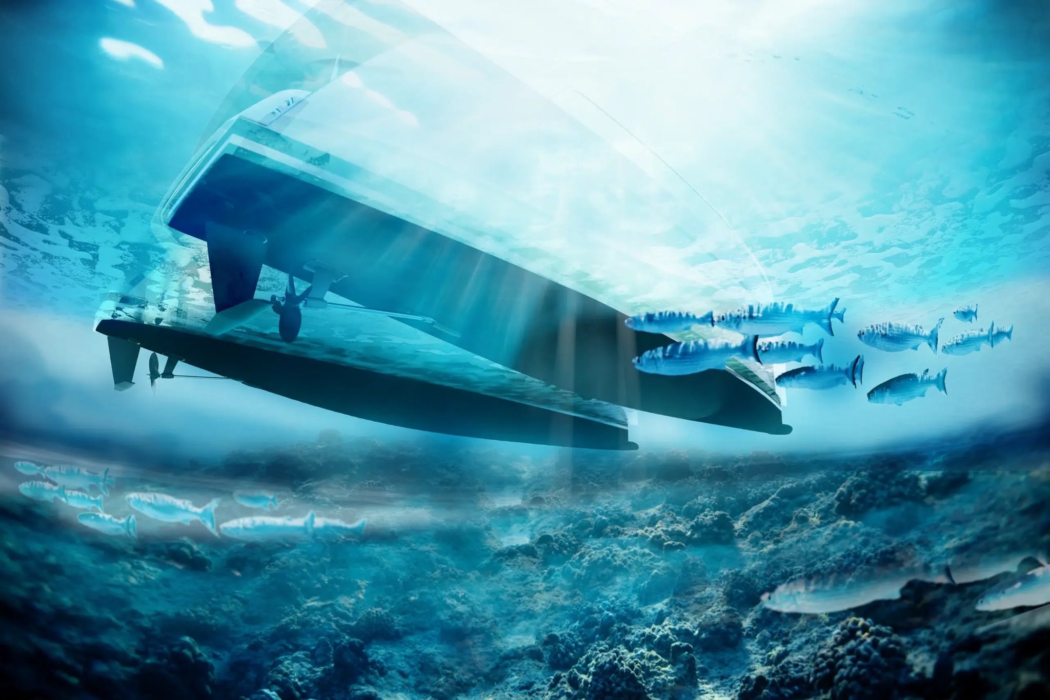 A Helios Alpha electric boat is shown in a blue water setting.