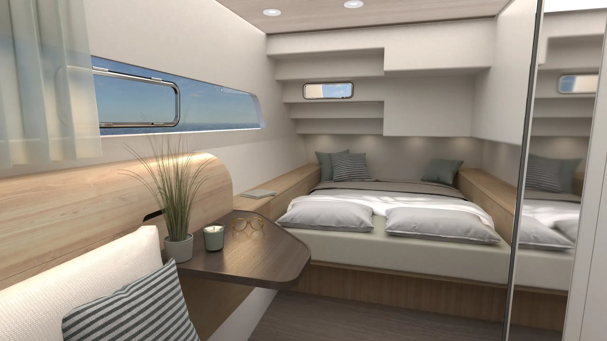 A white boat with a wooden table and a potted plant.