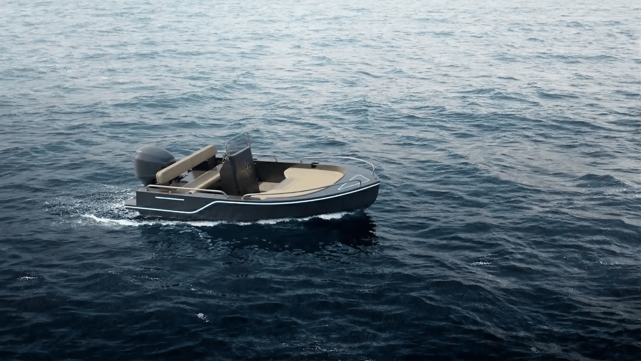 Helios Sigma electric boat floating on calm water, showing its open deck and seating layout.