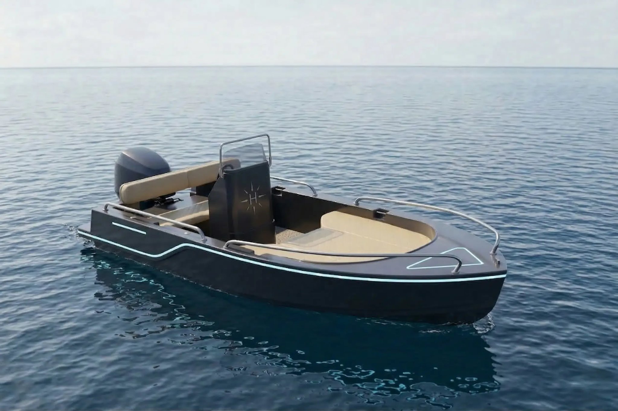 Helios Sigma electric boat cruising on open water, viewed from above.