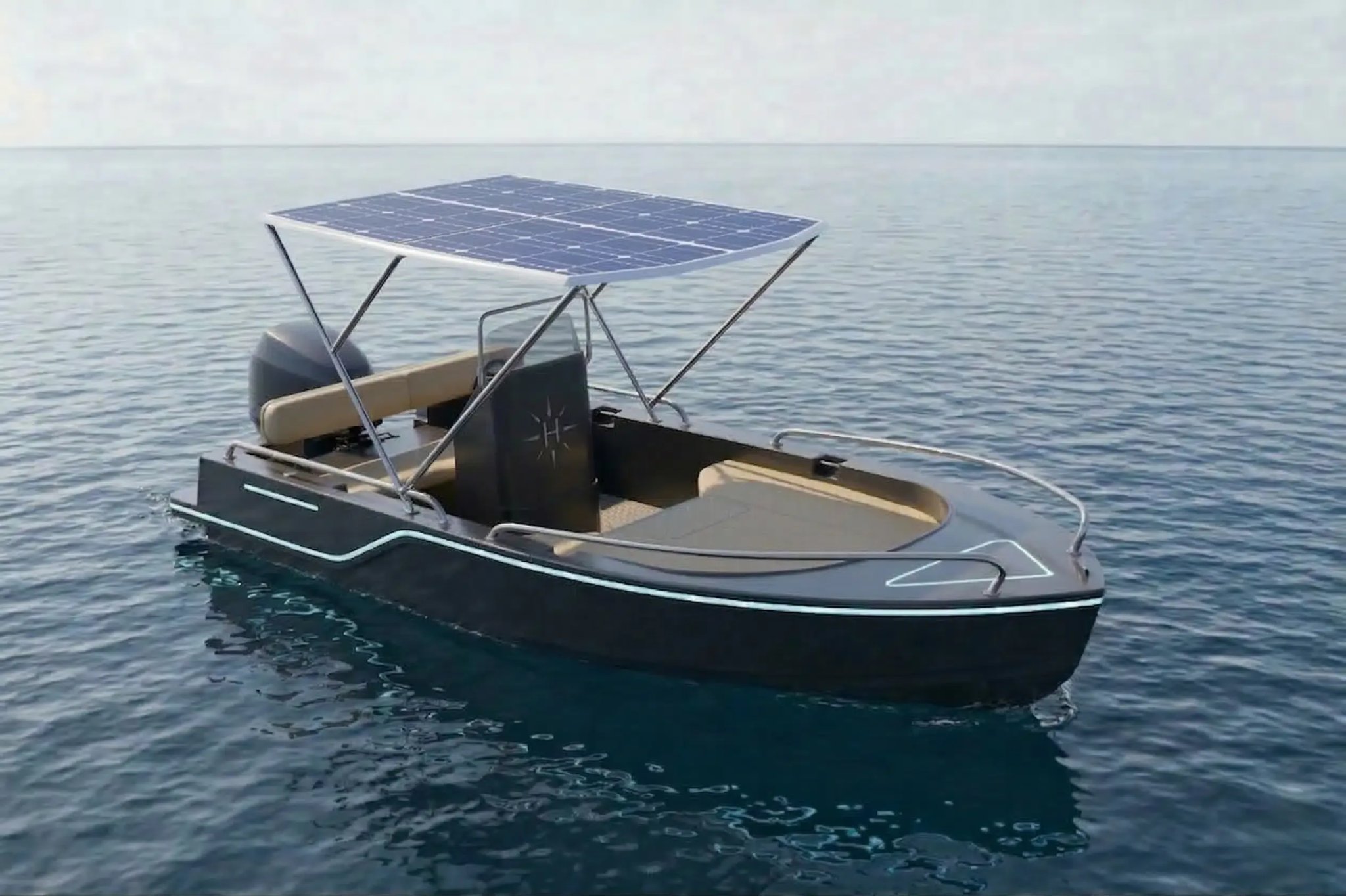 Helios Sigma electric solar boat on calm water with a roof-mounted solar canopy.
