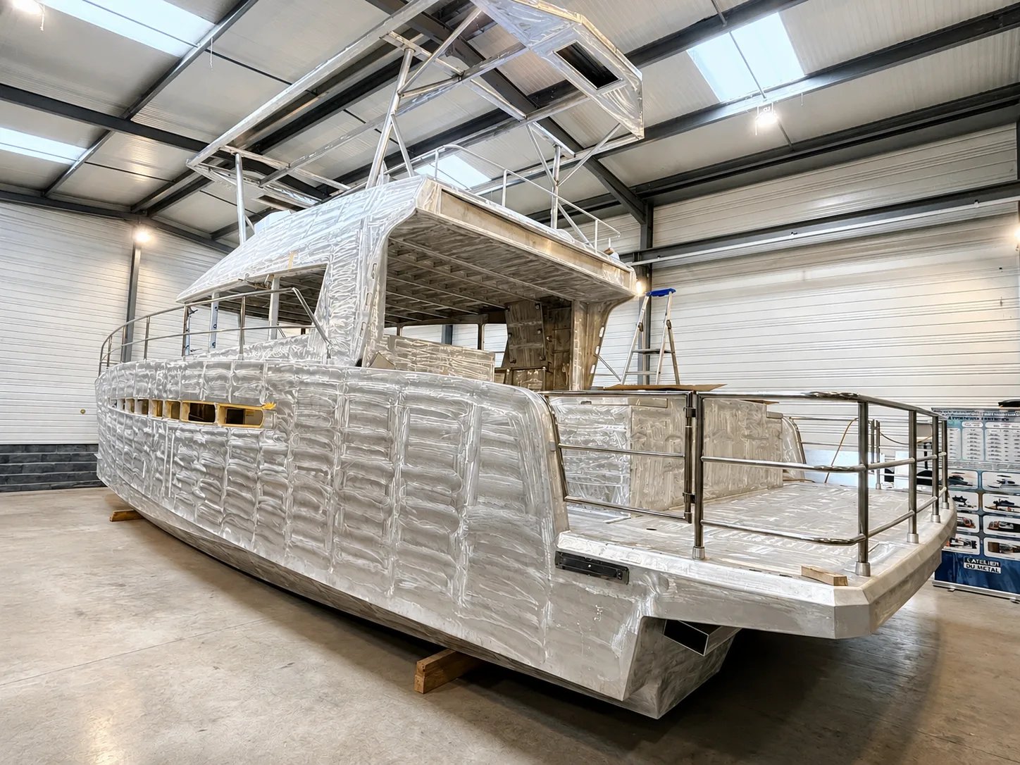 Solann aluminium catamaran hull under construction in the shipyard, with flybridge frame and stern platform still unpainted.