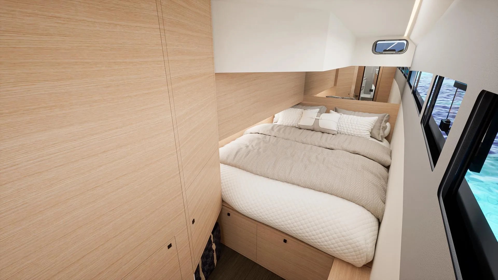 Un barco con un dormitorio blanco.