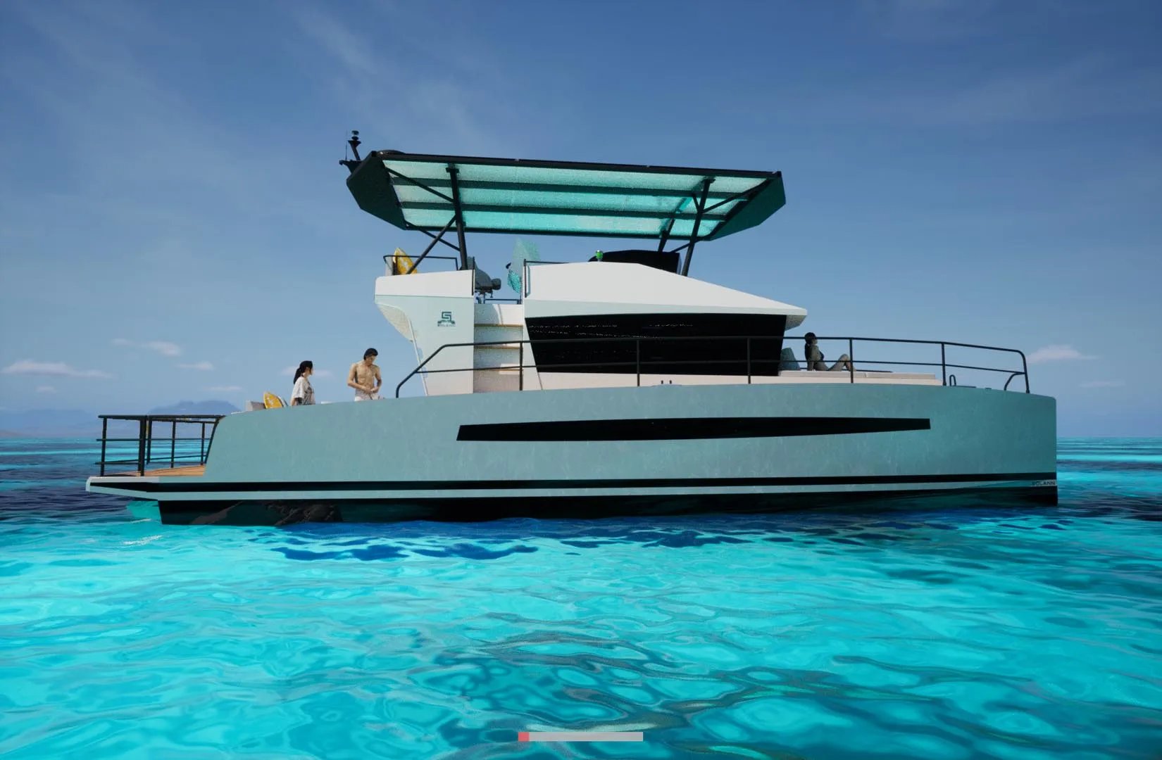 Un bote catamarán blanco y negro con parte superior negra.