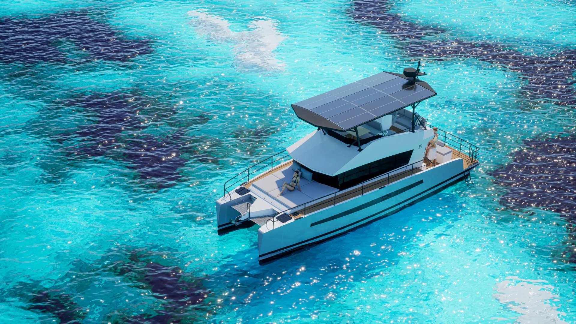 Bote eléctrico catamarán Solann flotando en agua azul.