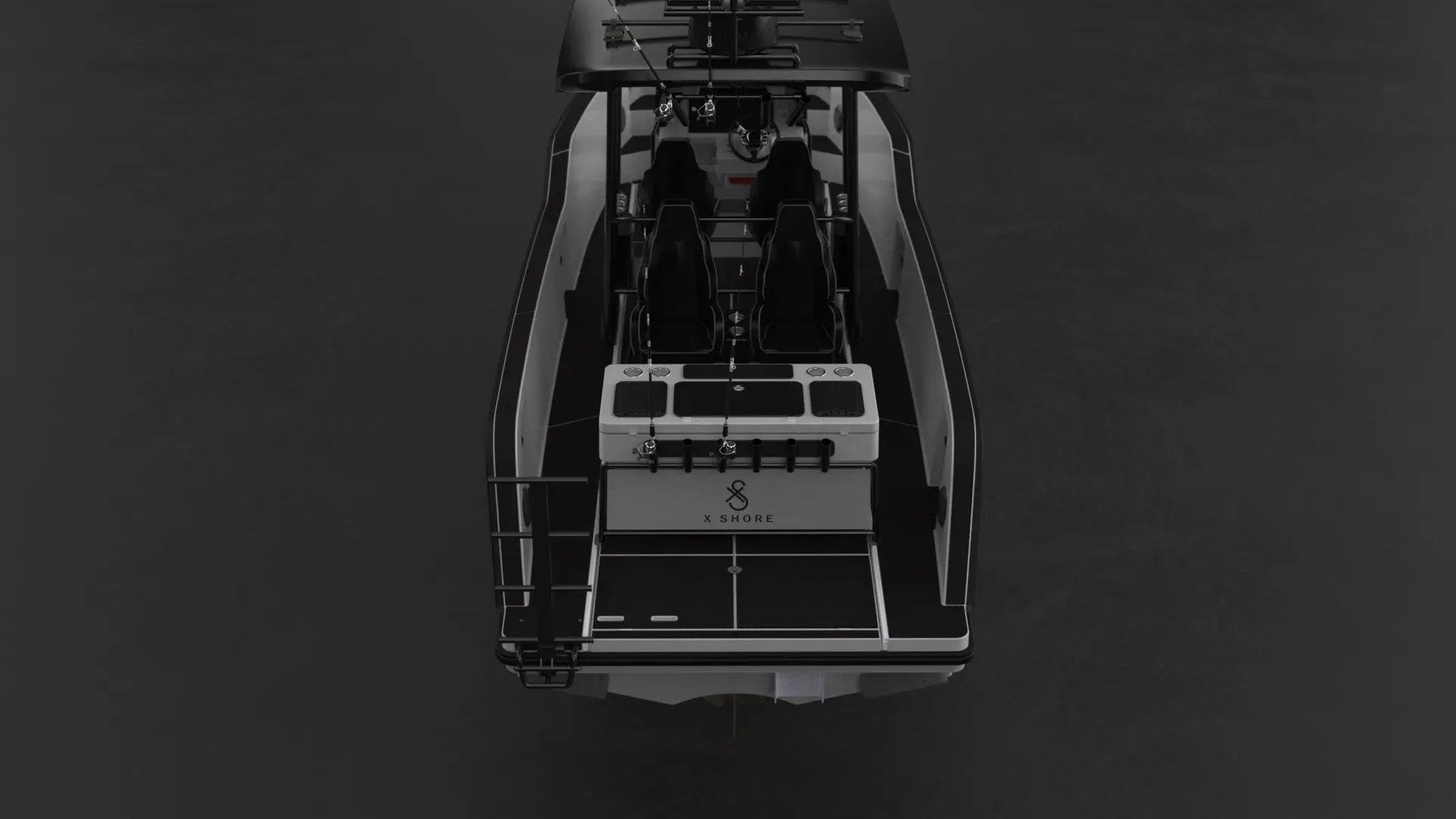Rear view of the X Shore PRO Fishing Edition with rod holders, T-top and open deck