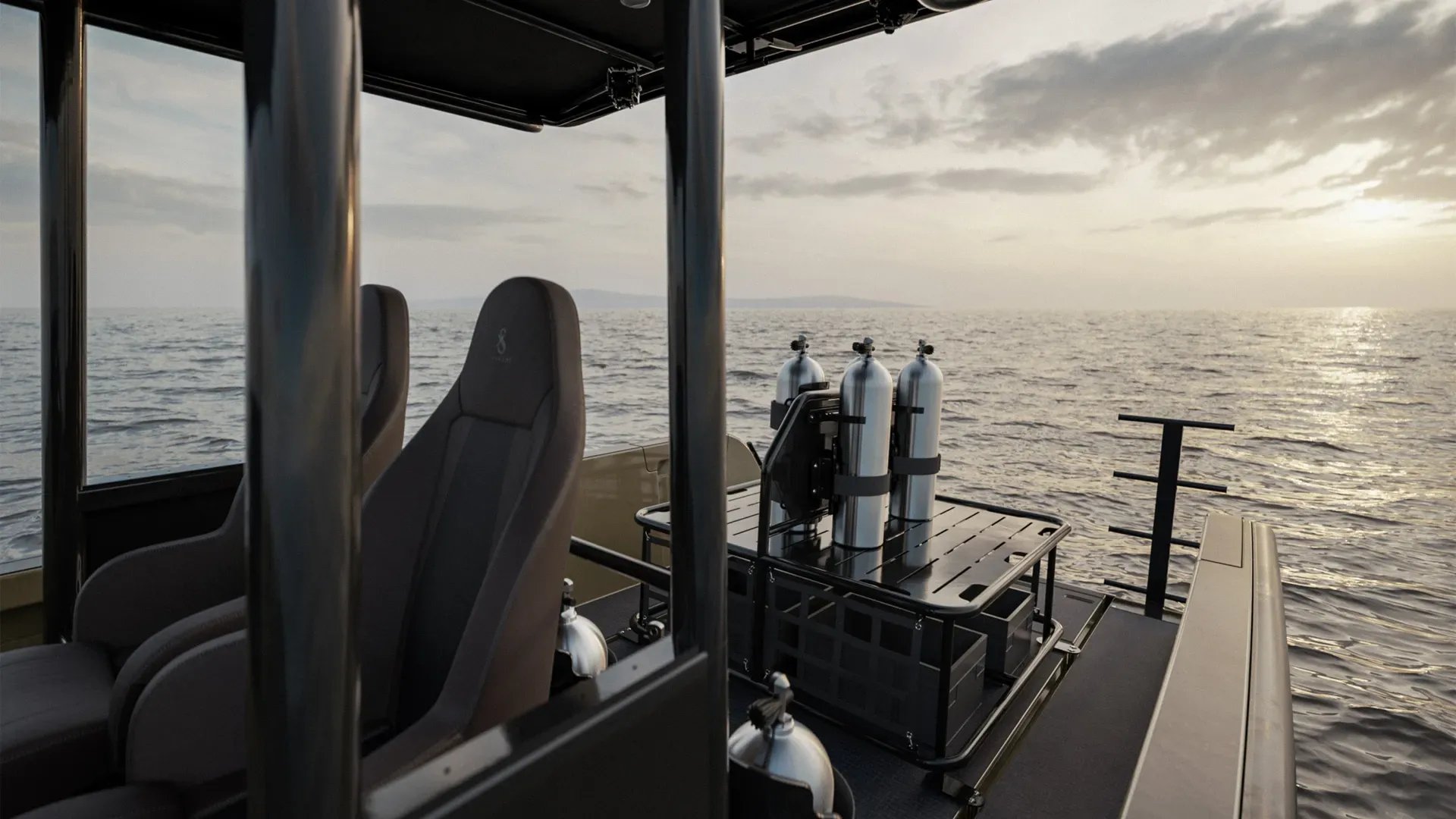 X Shore PRO deck configured with diving tanks and professional equipment
