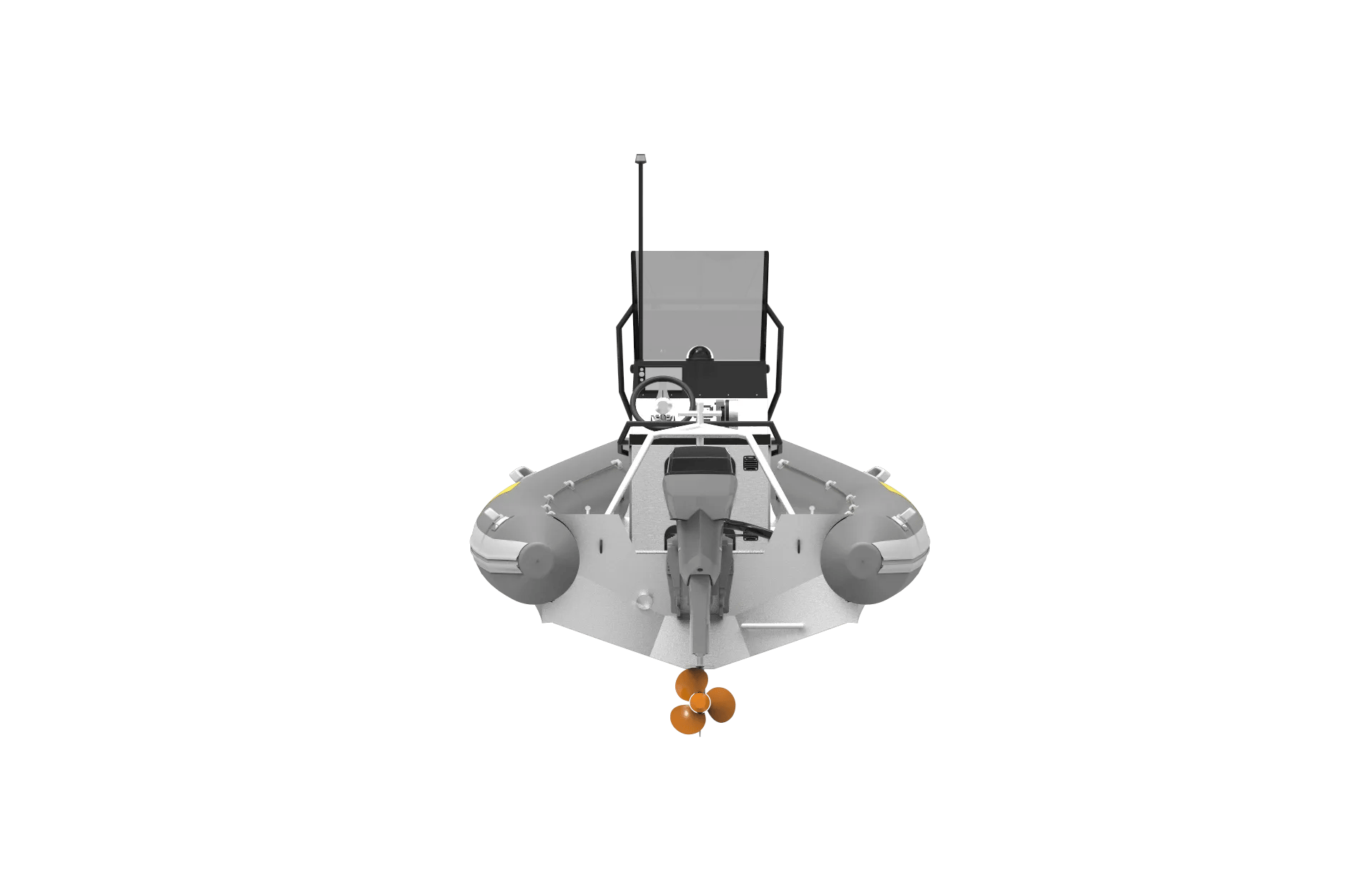 Un bote blanco y negro con un asiento negro.