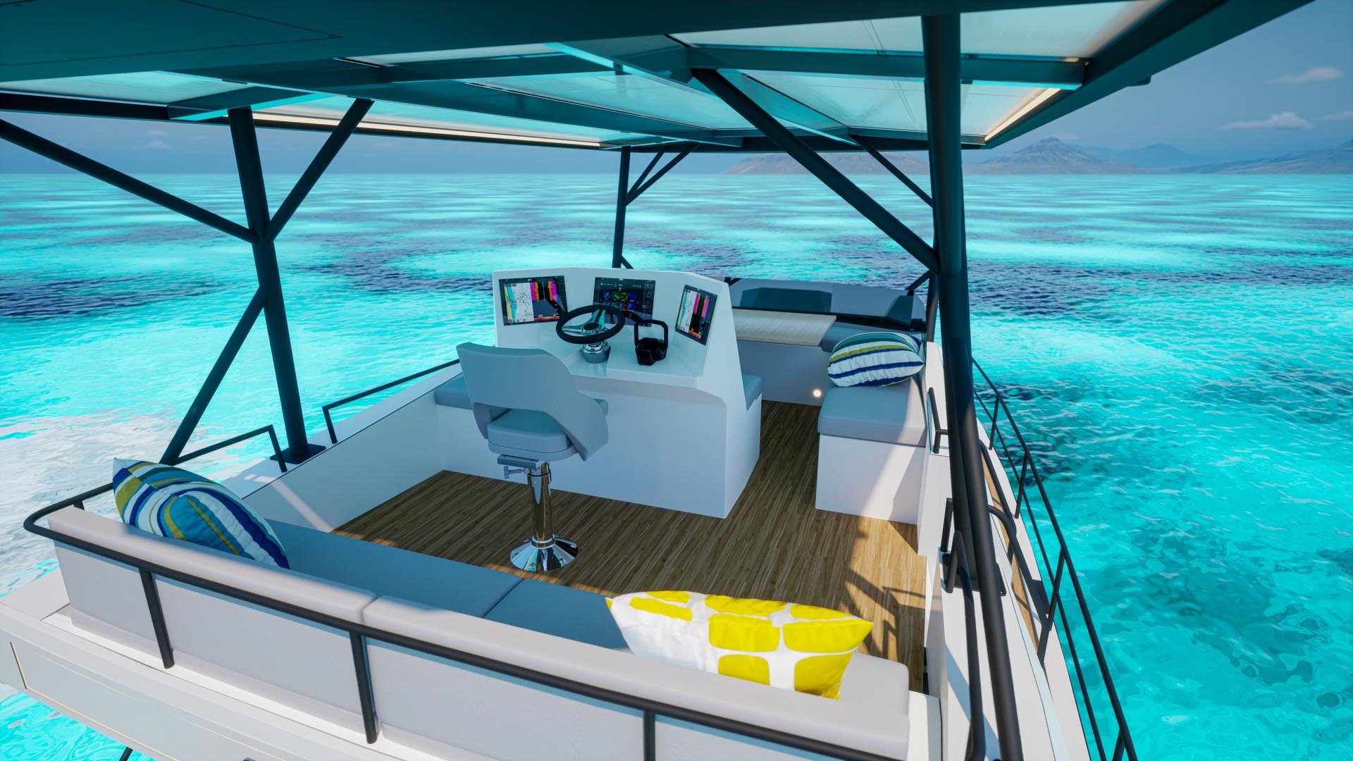 Un barco catamarán blanco y amarillo con un océano azul en el fondo.