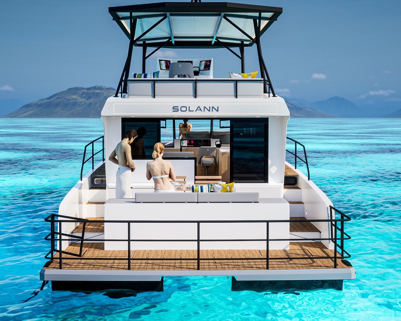 Bote eléctrico catamarán Solann con un esquema de colores blanco y negro, sentado en el agua.
